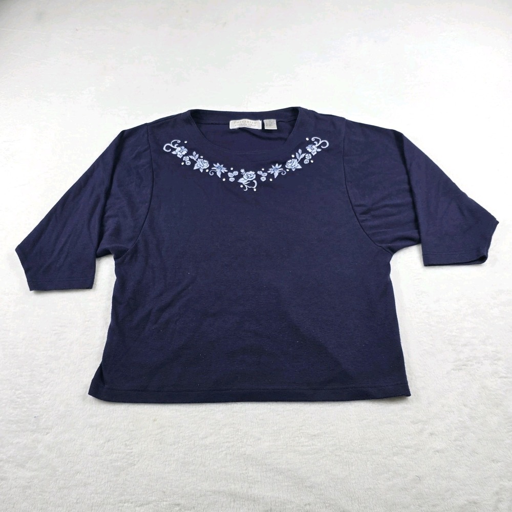 Portraits by Northern Isles Navy Blue Floral Embroidered 3/4 Sleeve Top Large
